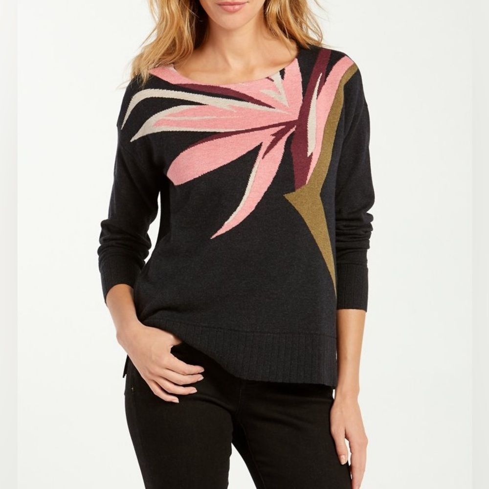 Tommy Bahama Charcoal Sweater with Pink Floral Intarsia